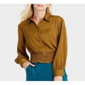 Who What Wear Bishop Smocked Button Down